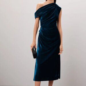 Shoshanna Midnight Grover Gemstone Blue Velvet Off Shoulder Midi Dress Size 8